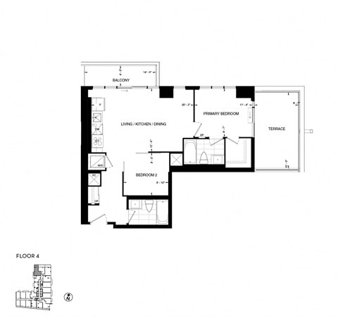 Floor plan for 2 beds, 2 baths, 746 sqft